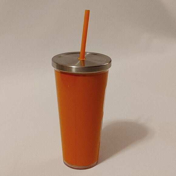 FUN DUNKIN Dunkin Donuts Travel Mug Cold Cup Steel Lid with Straw Orange - Picture 8 of 11